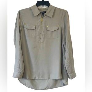 Ellen Tracy Grey Zipper Front Casual Top Blouse Shirt Size L